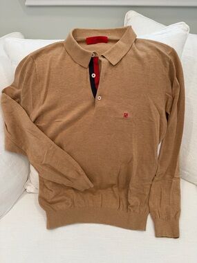 Carolina Herrera Camel Long-Sleeve Cardigan Polo with Red & Navy Placket
